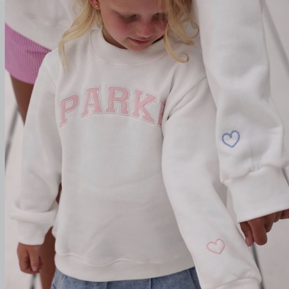 Kids White Sweatshirt with Pink 'PARK' Lettering